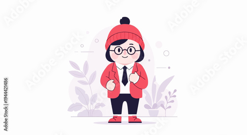 Cheerful cartoon character wearing a red hat, jacket, tie, and glasses against a minimalist background