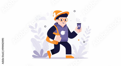 Cheerful person in orange hat, glasses, and orange bag, holding coffee