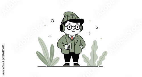 A cartoon character wearing headphones, glasses, and a beanie, holding a phone