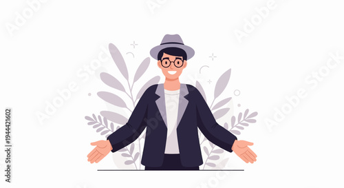 Cheerful person in a hat and glasses offers a warm welcome with open arms
