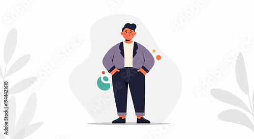 A stylized, confident person with dark hair stands with hands in pockets against a backdrop of abstract shapes