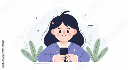 Cheerful young person with dark hair, holding a phone, surrounded by abstract shapes and green foliage