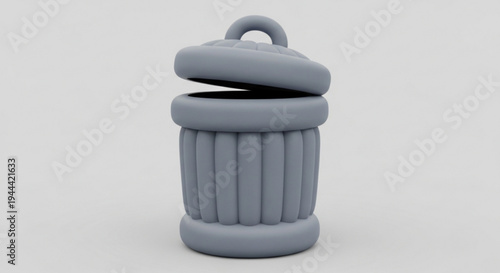 Gray trash can with lid open on transparent background isolated waste bin silhouette