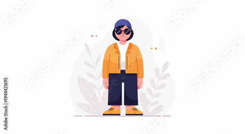 Flat design illustration of a stylish person in orange jacket, navy pants, and sunglasses