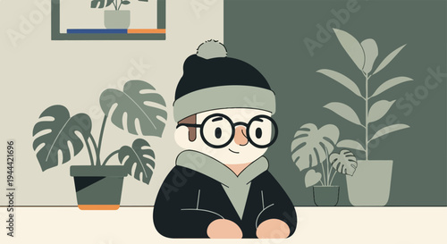 Minimalist illustration of a person with glasses and beanie, surrounded by potted plants