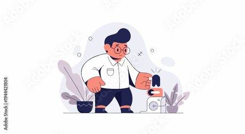A person with glasses interacting with a simple machine and plants