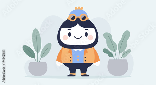 Cheerful character in aviator hat and jacket stands between two potted plants