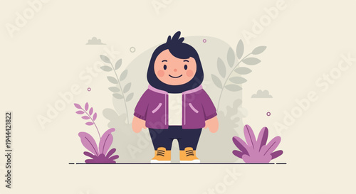 Cheerful character in purple jacket and blue pants, surrounded by stylized plants
