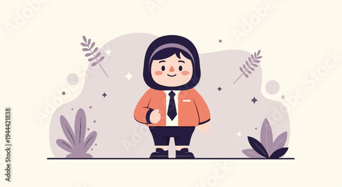 A person in a hijab and suit, with plants and sparkles on a light background