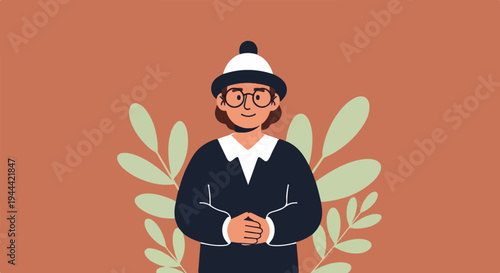 A person in a hat and glasses stands with hands clasped in front of a leafy background