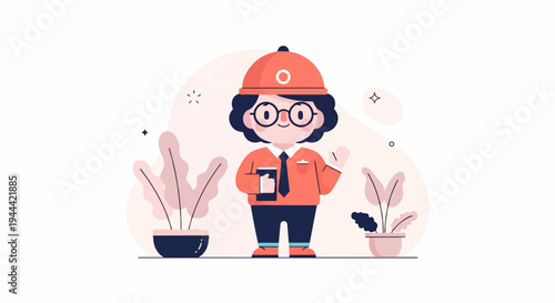 A cheerful, cartoonish figure wearing a cap, glasses, and uniform, holding a book