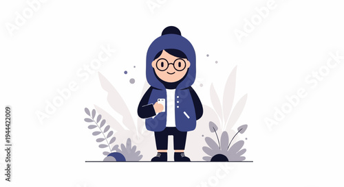 A stylized person with glasses wears a hooded jacket and holds a phone