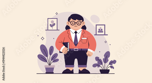 Cartoonish, plump figure in a blazer, tie, and trousers, holding a book, flanked by potted plants and abstract wall art