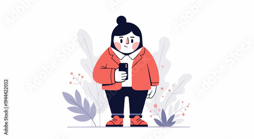 Stylized person in coral jacket with phone amidst foliage