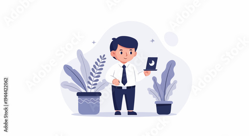 A smiling person in business attire holds a laptop surrounded by potted plants and abstract shapes