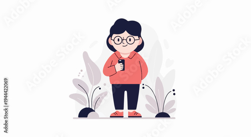 A stylized cartoon of a person holding a smartphone, surrounded by abstract foliage