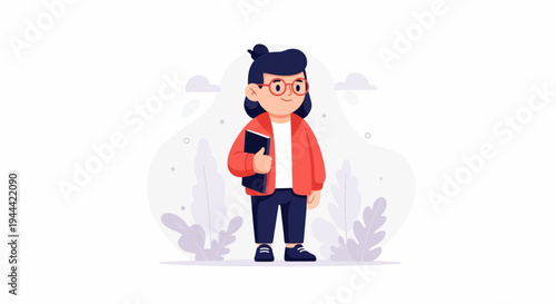 Animated character with glasses and a book, wearing a jacket and pants