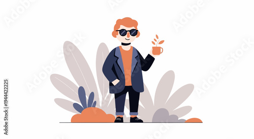 Stylized individual with orange hair and sunglasses, holding a mug, set against a backdrop of abstract foliage