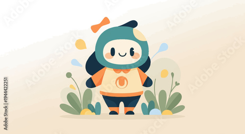 A cheerful, rounded character with a teal helmet and orange outfit stands amidst stylized foliage