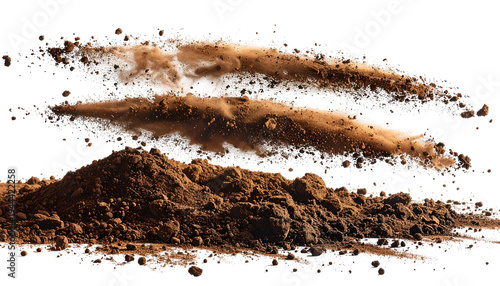 Three brown piles of earth, some suspended in air, against a black background