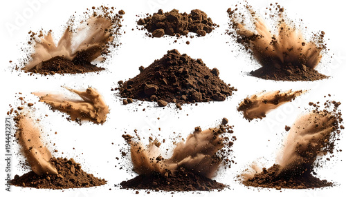 Explosive image showcases multiple brown soil explosions on a transparent background