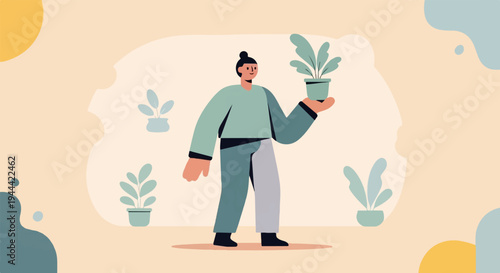 A person holding a potted plant, surrounded by other potted plants and abstract shapes