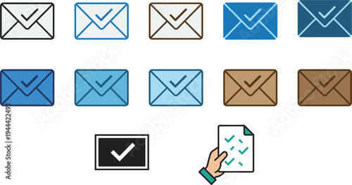 Email Verification and Approved Message Icon Set with Envelope Check Marks, Confirmation Mail Symbols, Document Checklist and Approval Notification Icons for UI Design