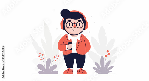 Cheerful person in headphones holding phone, surrounded by abstract plants