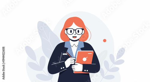 Animated woman in glasses and suit holding tablet and pen, with plants
