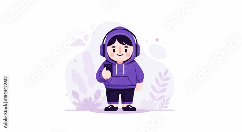 A cheerful cartoon character in purple hoodie and headphones holds a phone, enjoying digital entertainment