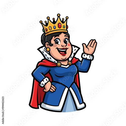 Cheerful cartoon queen wearing a crown and cape waving hand