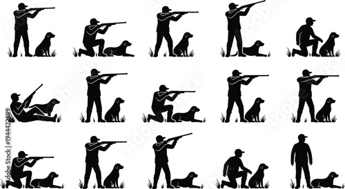Hunter with dog silhouette set showing different hunting poses with shotgun and retriever isolated on white background outdoor activity illustration