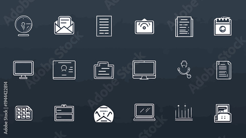 Minimal Line Interface Symbols Collection, UI Icons Set, Dark Background, Vector Illustration, Top View, Clean Design Concept