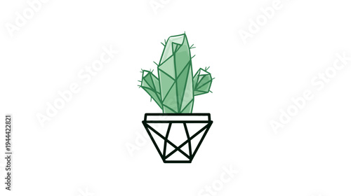 A geometrically styled cactus in a modern pot, rendered with green hues against a white background