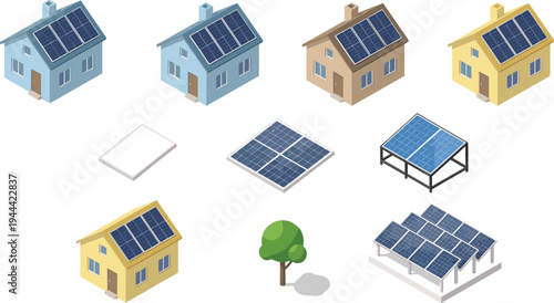 Isometric solar energy elements set with houses, rooftop panels and ground mounted systems isolated on white renewable technology illustration