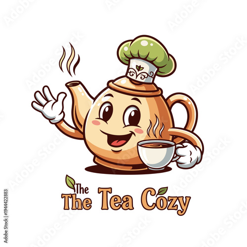 Cheerful cartoon teapot character wearing a chef hat waving and holding a steaming teacup