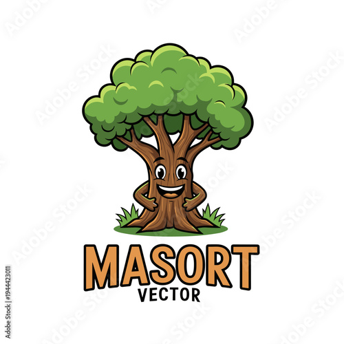 Cheerful cartoon tree mascot character with a friendly smiling face and green leaves