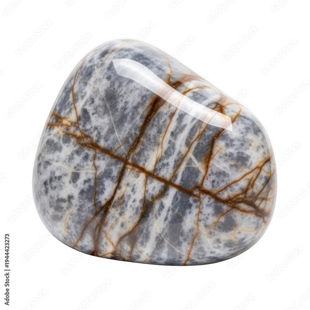 Obraz premium Smooth polished gray and beige stone with brown veins isolated on a transparent background polished stone