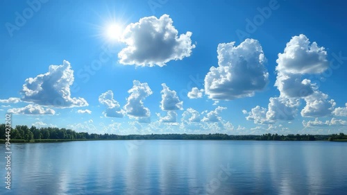 Wallpaper Mural Calm lake reflects a bright sun, puffy clouds dot the vibrant blue sky, trees line the distance Torontodigital.ca