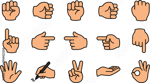 Hand Gesture Icon Set with Pointing Finger, Fist, Victory Sign, Writing Hand, Open Palm and OK Symbol Collection for Communication and UI Design