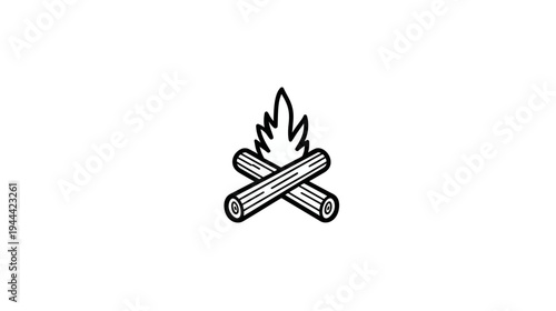A simple black and white illustration of a campfire with flames and crossed logs against a white background