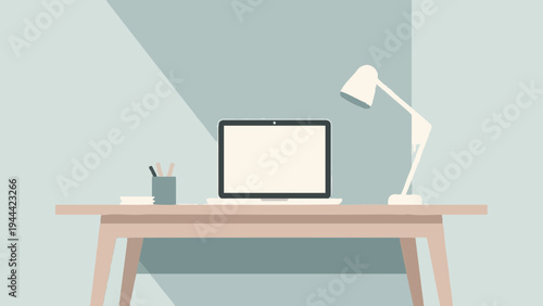 Desk work, laptop. Simple illustration reminiscent of Scandinavia. Vector illustration. (No text) karafuru 