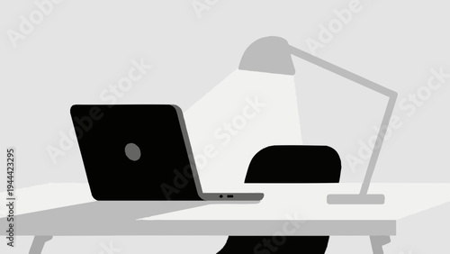 Desk work, laptop. Simple illustration reminiscent of Scandinavia. Vector illustration. (No text) karafuru 
