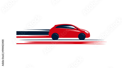 A red coupe-style car speeds across a white background with blurred lines