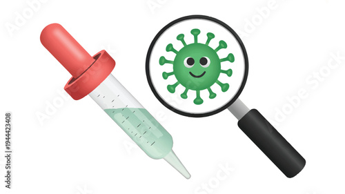 A cartoon illustration depicting a syringe and a stylized virus particle
