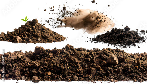 Various types of dirt piles, with a green sprout, isolated on black