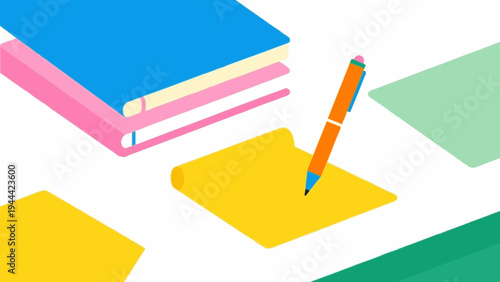 Desk work, note and pen. Simple illustration reminiscent of Scandinavia. Vector illustration. (No text) colorful