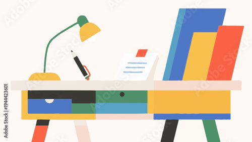 Desk work, note and pen. Simple illustration reminiscent of Scandinavia. Vector illustration. (No text) colorful