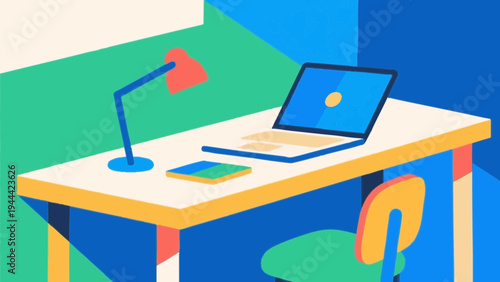 Desk, Work, Office, Stationery, Notebook, Pen, Pencil, Writing, Simple, Scandinavia, Nordic, Minimalist, Vector, Illustration, Colorful, Bright, Pastel, Modern, Design, Lifestyle, Study, Education, Cr