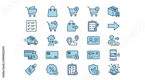 Comprehensive collection of e-commerce and online shopping icons including carts, delivery, payment methods, security shields, and retail elements for web design, commerce, business, marketing, UI.